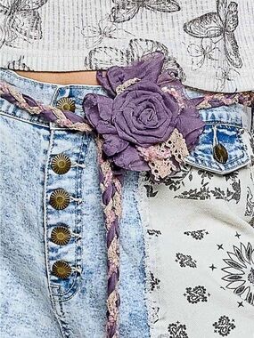 POL-Boho Purple Fabric Rose Braided Belt - Women Accessories